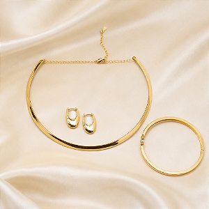 Kit colar brinco e bracelete liso ouro semijoia