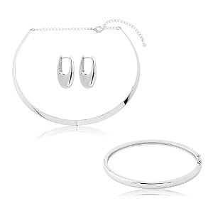 Kit colar brinco e bracelete liso ródio semijoia