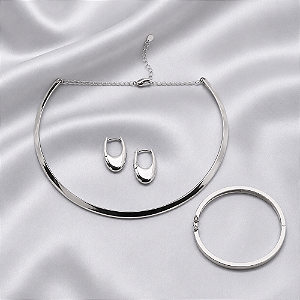 Kit colar brinco e bracelete liso ródio semijoia