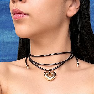Colar Cordão Marrom com Pingente Coração Dourado