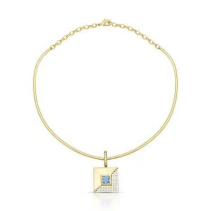 Colar aro pingente quadrado cristal azul ouro semijoia