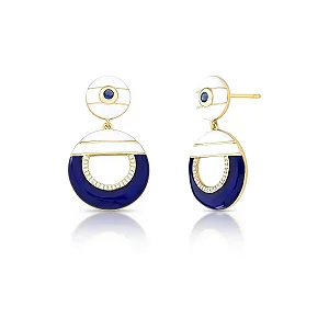Brinco pêndulo esmaltado azul zircônia ouro semijoia