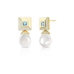 Brinco 2 em 1 pêndulo cristal azul pérola shell gota ouro semijoia