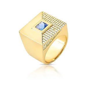 Anel quadrado cristal azul ouro semijoia
