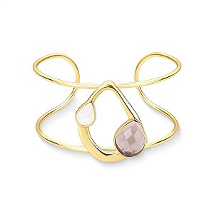 Bracelete pedras naturais selenita e obsidiana fumê facetada perolada ouro semijoia