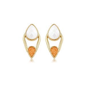 Brinco pedras naturais calcita laranja e porcelana facetada perolada ouro semijoia