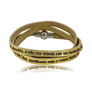 Pulseira Fernanda Villela couro dourado oração Pai Nosso