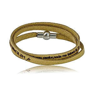 Pulseira Fernanda Villela couro dourado com brilhinhos Salmo 23
