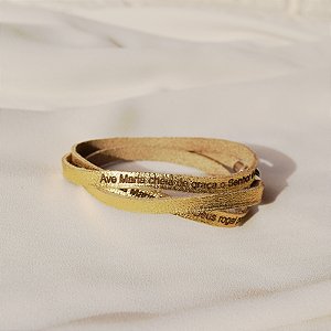 Pulseira Fernanda Villela couro dourado Oração Ave Maria