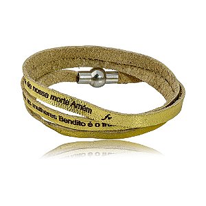 Pulseira Fernanda Villela couro dourado Oração Ave Maria