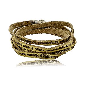 Pulseira Fernanda Villela couro dourado oração Salve Rainha