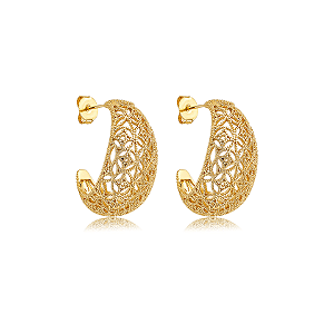 Brinco meia argola trabalhada ouro semijoia VSH666