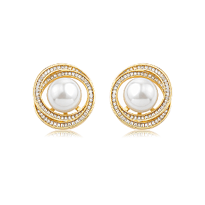 Brinco oval elos entrelaçados pérola zircônia ouro semijoia VB0707