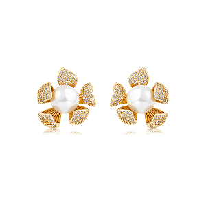 Brinco flor pérola zircônia ouro semijoia VB0710