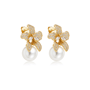 Brinco flor pérola zircônia ouro semijoia VB0709