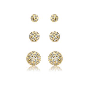 Kit 3 brincos meio globinho zircônia ouro semijoia 24k20032