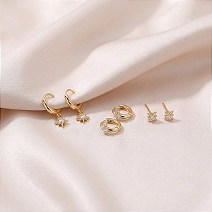 Kit 3 brincos estrelas zircônia ouro semijoia 26k08023