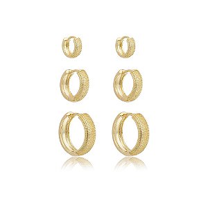 Kit 3 brincos argolinhas texturizadas ouro semijoia 24k02003