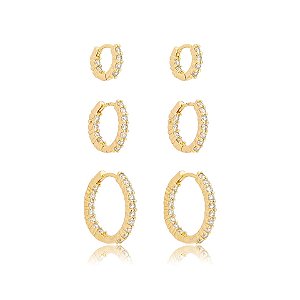 Kit 3 brincos argolinhas zircônias ouro semijoia 25k05025