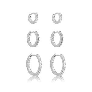 Kit 3 brincos argolinhas zircônias ródio semijoia 25k05025