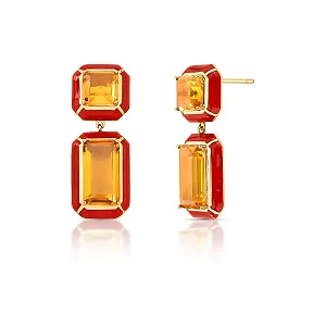 Brinco pêndulo esmaltado marrom cristais ouro semijoia
