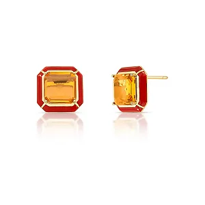 Brinco quadrado esmaltado marrom cristais ouro semijoia