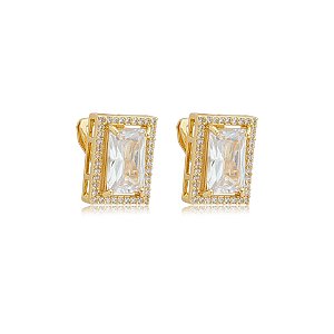 Brinco pressão retangular zircônia cristal ouro semijoia
