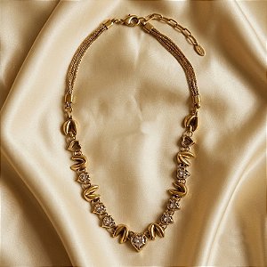 Colar Claudia Arbex biscoito da sorte cristais ouro vintage
