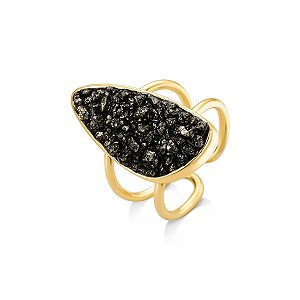 Anel ajustável orgânico pedra natural pirita ouro semijoia