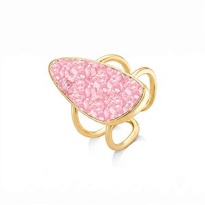 Anel ajustável orgânico pedra natural quartzo rosa ouro semijoia