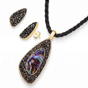 Colar e brinco orgânico pedras naturais pirita e abalone ouro semijoia
