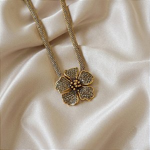 Colar Morena Canela hibisco g strass black diamond ouro semijoia