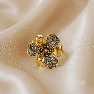 Anel ajustável Morena Canela hibisco m strass black diamond ouro semijoia