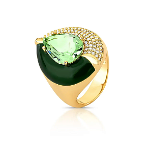 Anel de Gota Esmaltado Verde com Cristal e Zircônias Ouro