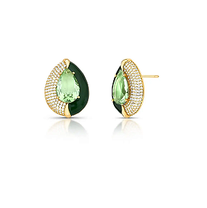 Brinco de Gota Esmaltado Verde com Cristal e Zircônias