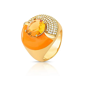 ANEL REDONDO ESMALTADO MARROM COM CRISTAL E ZIRCÔNIAS OURO