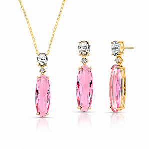 Conjunto Colar e Brinco Oval Rosa e Cinza com Cristais Ouro