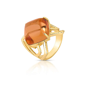 Anel com Cristal Marrom em Losango Vazado Banhado a Ouro