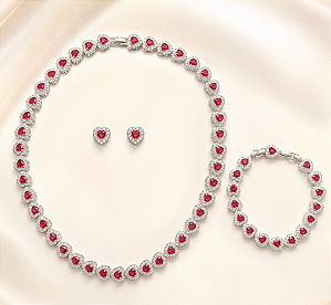 Conjunto Colar Brinco e Pulseira em Corações Ródio Vermelho