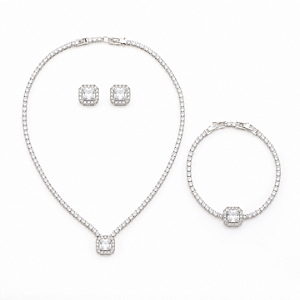 Conjunto Colar Brinco e Pulseira Quadrado Ródio