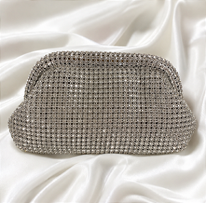 Bolsa Clutch Prata com Strass e Alça Removível para Festa