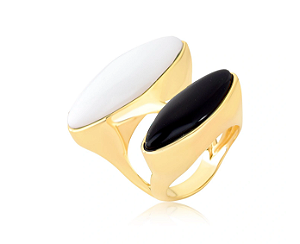 Anel Pedra Natural Porcelana e Obsidiana Negra Banhado á Ouro Semijoia