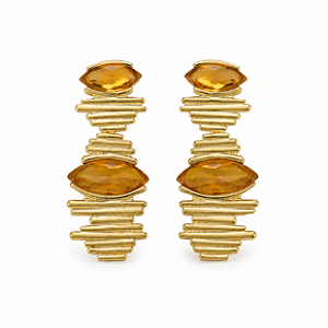 Brinco Cristal Natural Metalizado Citrino Místico Banhado á Ouro Semijoia