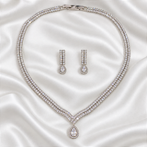 Conjunto Colar e Brinco Riviera Dupla com Zircônias em Gota Semijoia