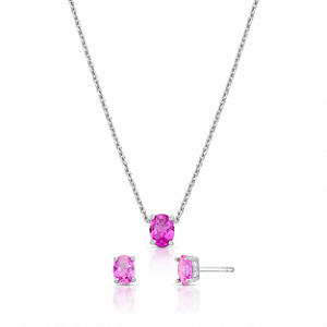 Conjunto Colar e Brincos com Cristal Rosa Oval em Ródio