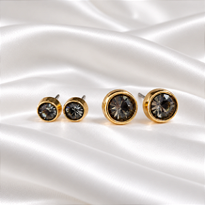 Kit Dois Brincos Morena Canela Ponto de Luz m Cristal Black Diamond Ouro Semijoia