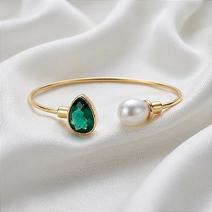 Bracelete Pedras Naturais Esmeralda e Pérola Shell Ouro Semijoia