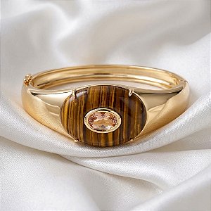Bracelete Oval com Cristal e Olho de Tigre Ouro Semijoia