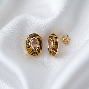 Brinco Oval com Cristal e Olho de Tigre Ouro Semijoia