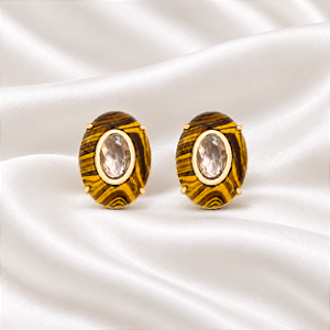 Brinco Oval com Cristal e Olho de Tigre Ouro Semijoia